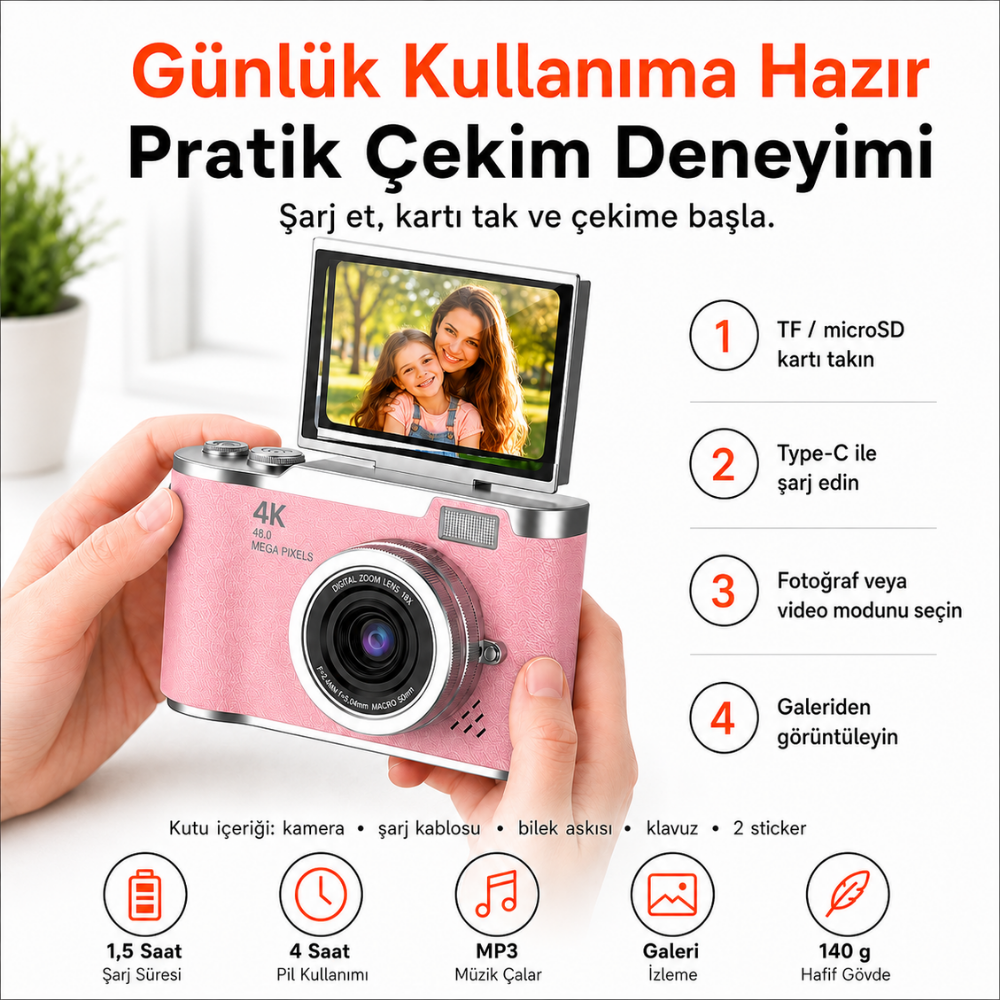 48 MP 4K Dijital Fotoğraf Makinesi, 2.4 İnç Döndürülebilir IPS Ekran, Type-C Şarj, 128 GB microSD Destekli Kamera