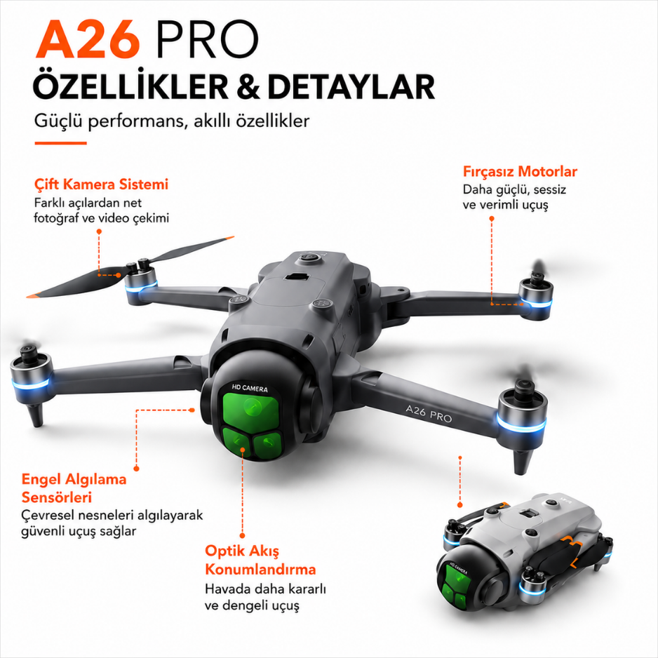 HD Kameralı Ekranlı Kumandalı Katlanabilir Drone A26 Pro