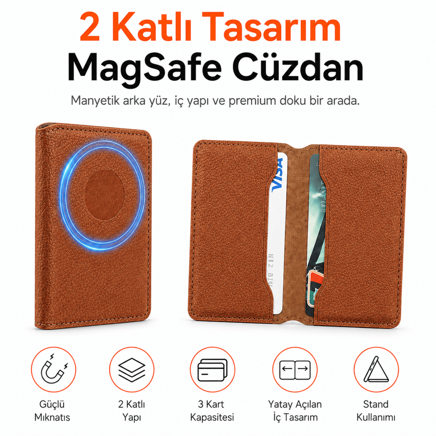 2 Katlı Magsafe Telefon Cüzdanı ve Standı E03