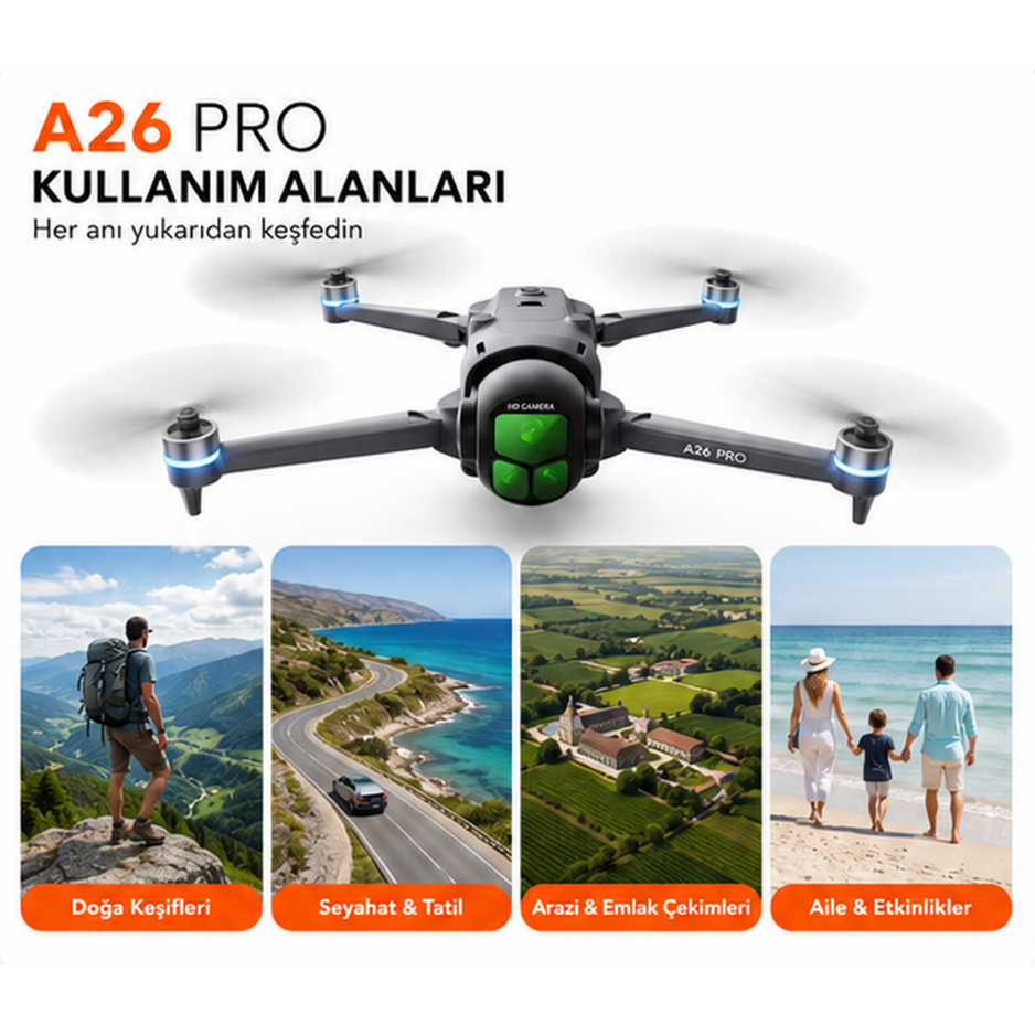 HD Kameralı Ekranlı Kumandalı Katlanabilir Drone A26 Pro