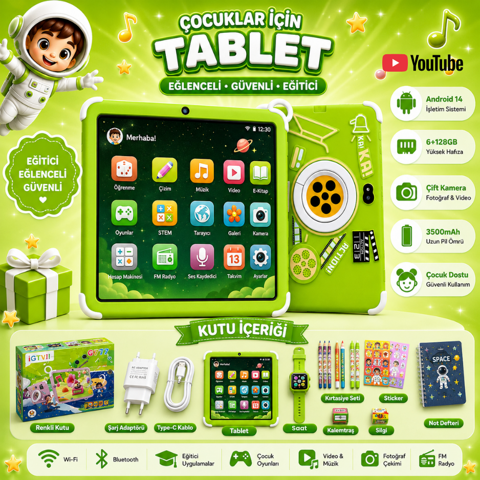 Android 14 6+128GB Çift Kameralı Çocuk Tableti