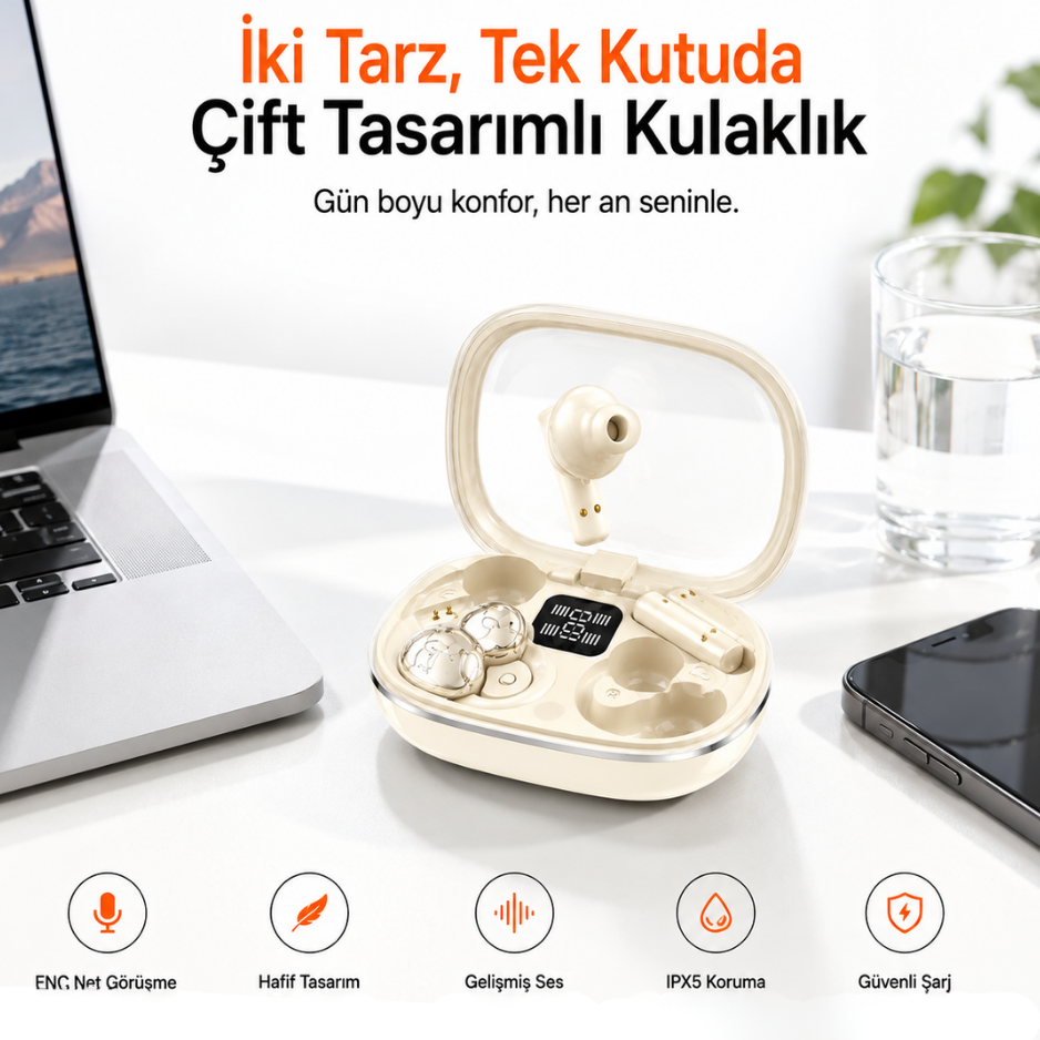 Çift Tasarımlı ANC Kablosuz Kulaklık ve Şarj Kutusu