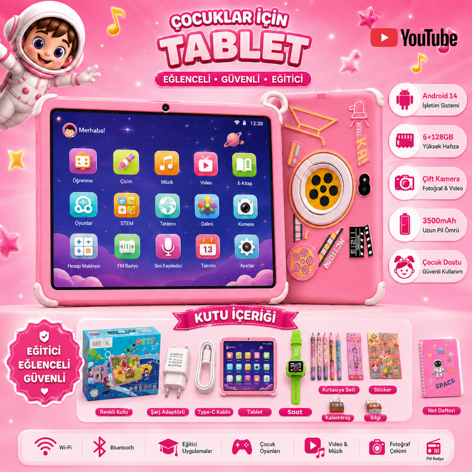 Android 14 6+128GB Çift Kameralı Çocuk Tableti G...VİLL