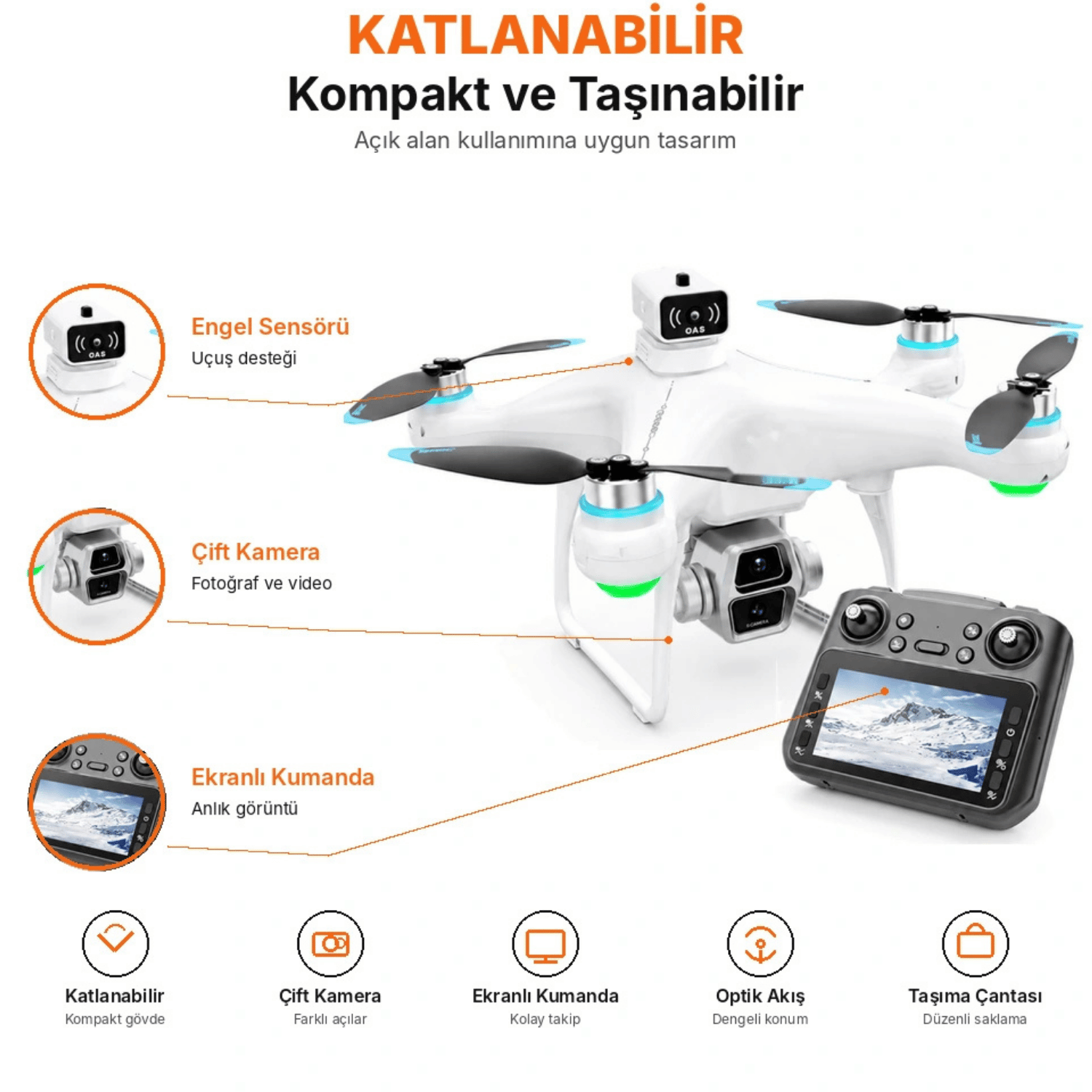 Ekranlı Kumandalı Katlanabilir Kameralı Drone