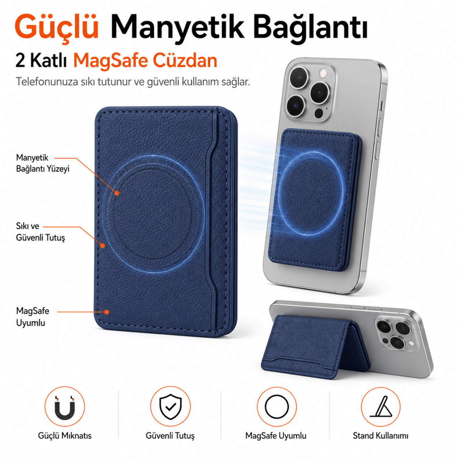 2 Katlı Magsafe Telefon Cüzdanı ve Standı E03