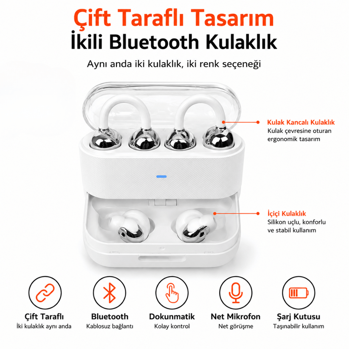 Çift Taraflı İkili Bluetooth Kulaklık ve Şarj Kutusu