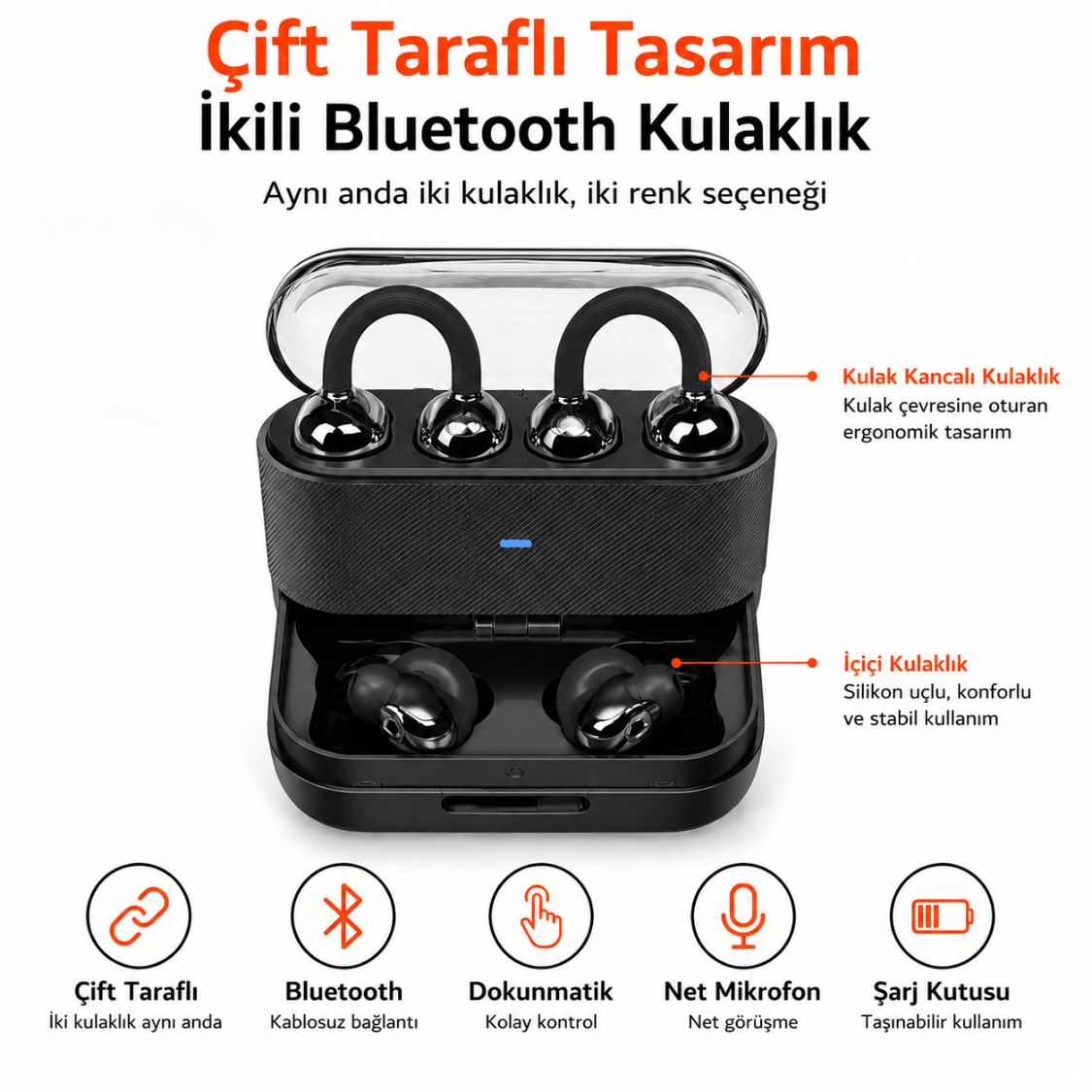 Çift Taraflı İkili Bluetooth Kulaklık ve Şarj Kutusu