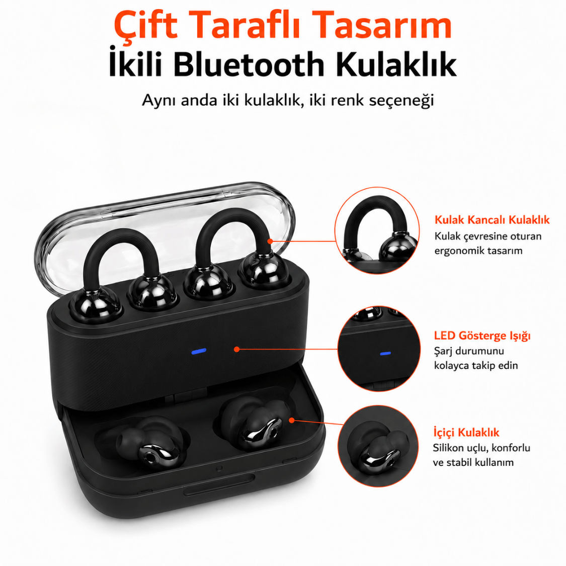 Çift Taraflı İkili Bluetooth Kulaklık ve Şarj Kutusu