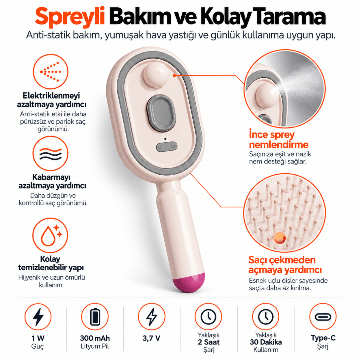 Su Hazneli Elektrostatik İnce Sprey Saç Tarağı